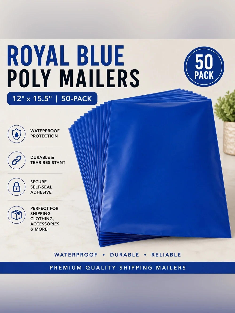 50 Royal Blue Poly Mailers | 12 x 15.5 Shipping Bags | Boutique Packaging